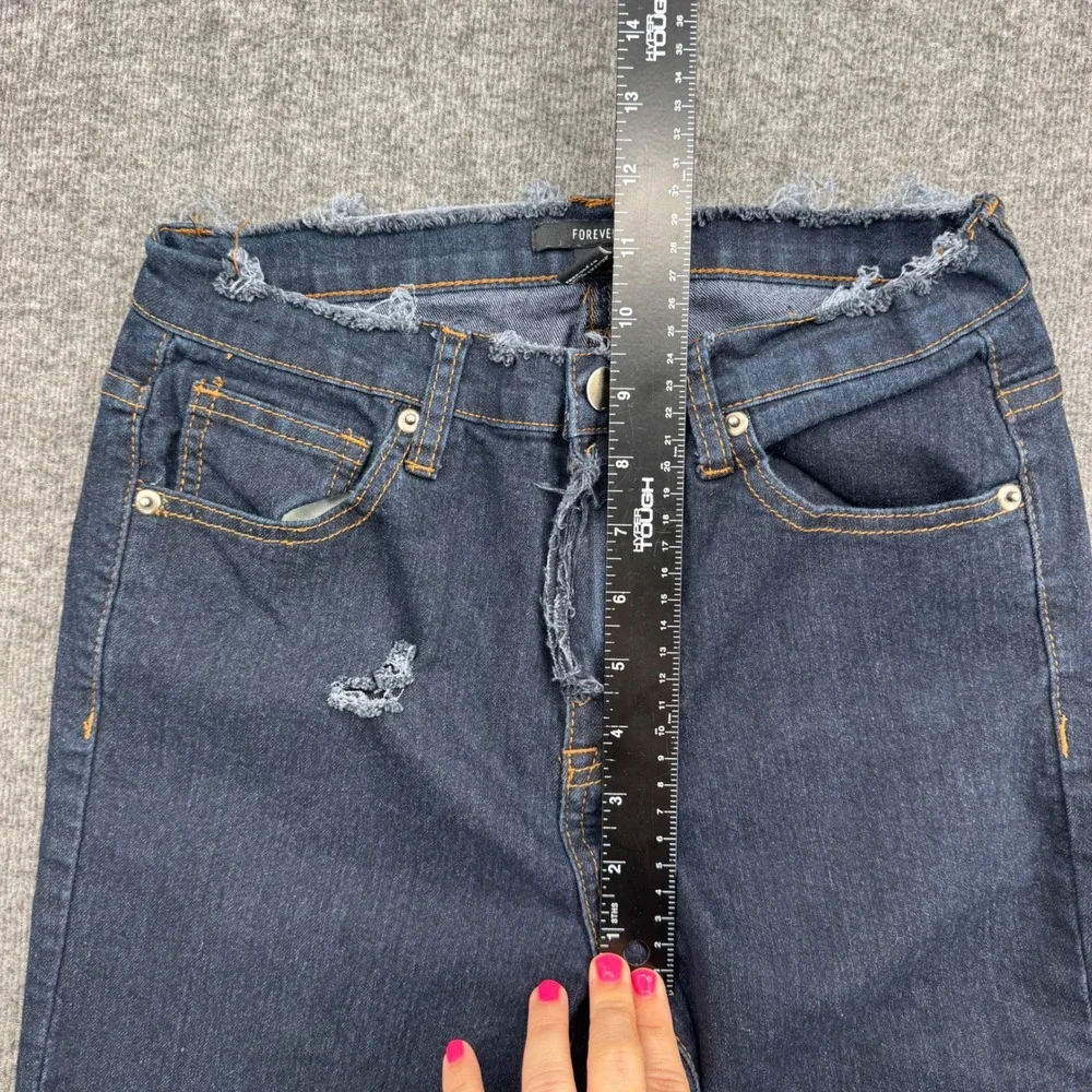 Forever 21 Women Dark Wash Distressed Skinny Jeans High Rise Frayed Waist 27